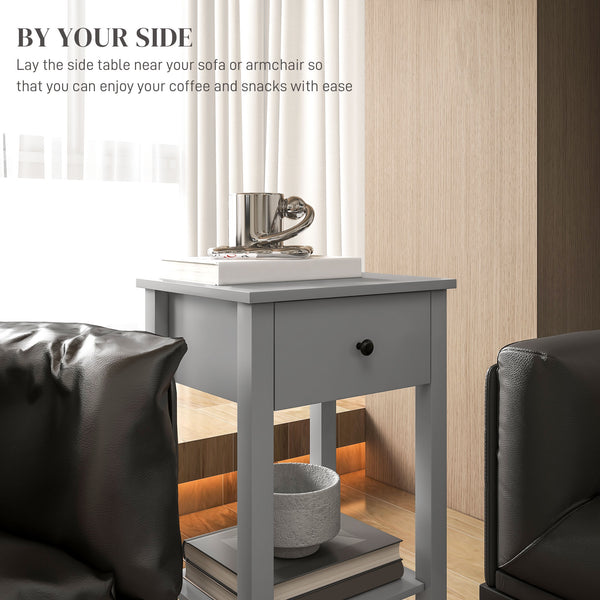 Set of 2 side tables with drawer and lower shelf, gray