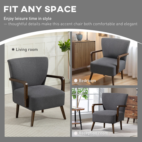 Accent chair with wooden legs, thick padding, dark gray