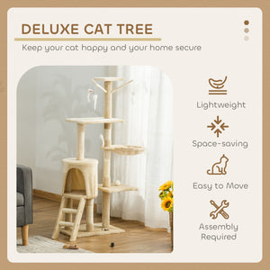 53-inch Cat Tree with Scratching Posts, Tree House, Perches, Ladder, Hammock and Hanging Toys, Beige