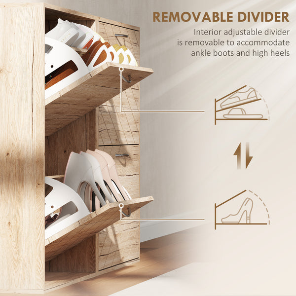 Shoe cabinet with 4 drop-down drawers for 12 pairs of shoes, oak color.