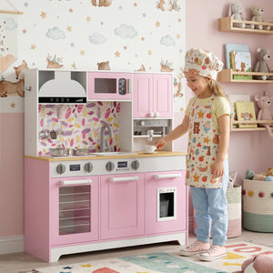 Children's play kitchen with coffee machine, ice dispenser and accessories, pink