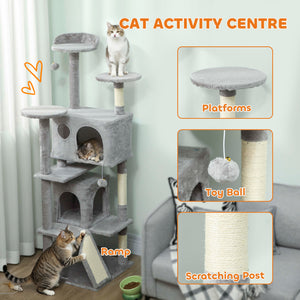 54" Cat Tree, Multi-Level Cat Tower with Scratching Posts, Cat Condos, Bed, Platforms, Ramp, Toy Ball, Light Gray