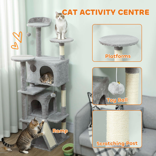 54" Cat Tree, Multi-Level Cat Tower with Scratching Posts, Cat Condos, Bed, Platforms, Ramp, Toy Ball, Light Gray