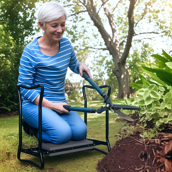 Folding garden stool with seat and knee support, thick cushion and handles