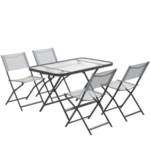 5 Piece Folding Garden Dining Set with 4 Seater Chairs and Large Rectangular Glass Table, Grey