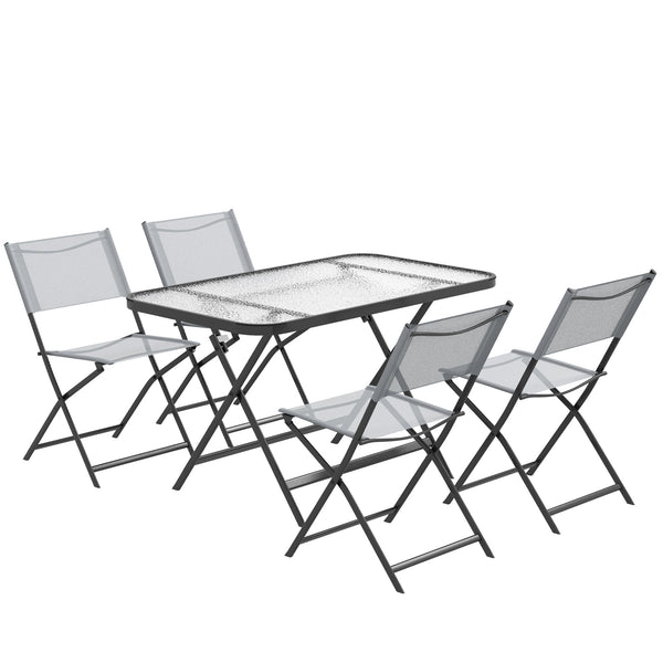 5 Piece Folding Garden Dining Set with 4 Seater Chairs and Large Rectangular Glass Table, Grey