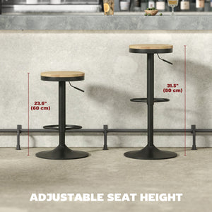 Set of 2 wooden bar stools, swivel and height-adjustable, natural wood and black.