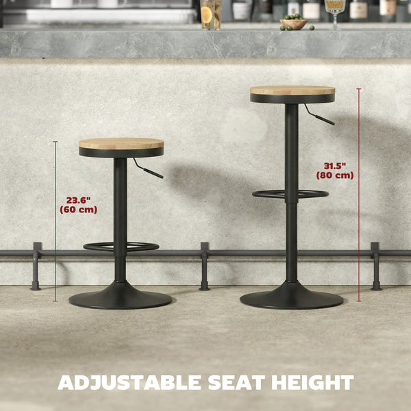 Set of 2 wooden bar stools, swivel and height-adjustable, natural wood and black.