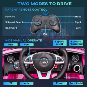 12V car with parental remote control and two motors, pink