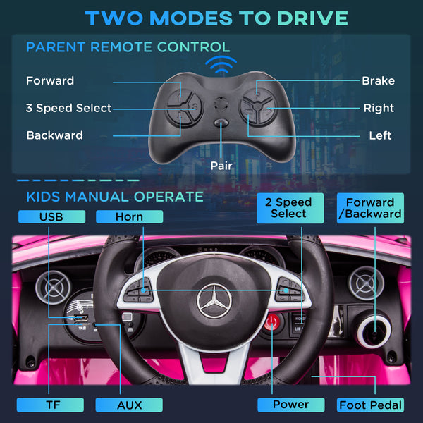 12V car with parental remote control and two motors, pink