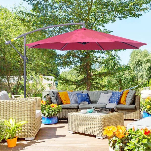 10' Patio Umbrella, Offset Hanging with Crank, Cross Base, Wine Red