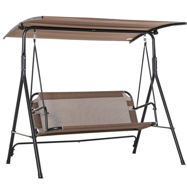 2-Person Porch Swing Chair, 2 Seater Patio Swing Bench w/ Adjustable Canopy, Breathable Seat for Garden, Poolside, Brown