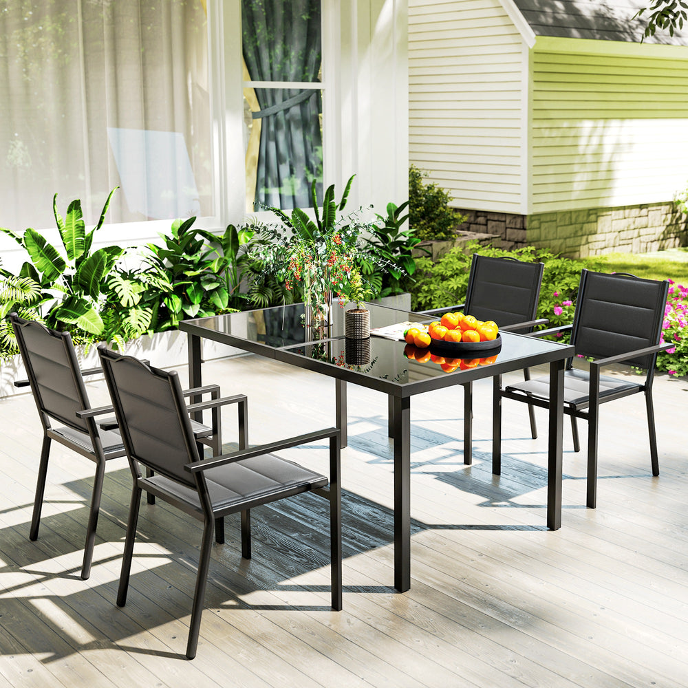 5-Piece Outdoor Dining Set with 4 Stackable Chairs, Rectangular Table, Tempered Glass Top, Steel Frame, Black