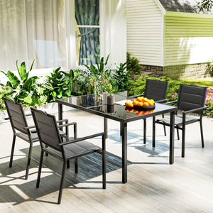5-Piece Outdoor Dining Set with 4 Stackable Chairs, Rectangular Table, Tempered Glass Top, Steel Frame, Black