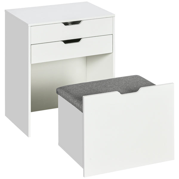 Dressing table set with folding mirror, stool and 7 compartments, white 