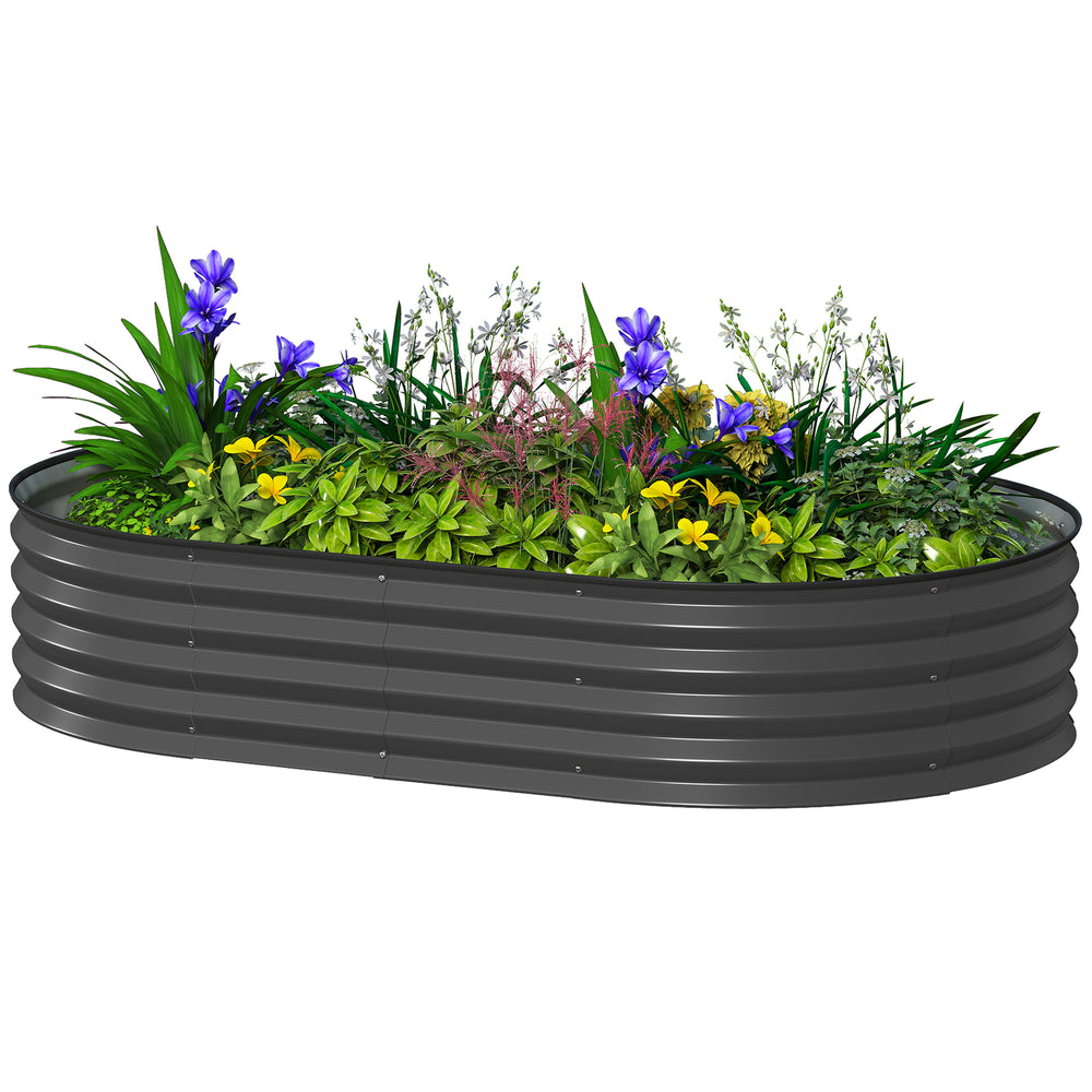 Raised outdoor planter in galvanized steel with metal support, dark grey