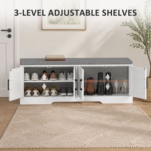 Shoe Bench with Cushion, Doors and Adjustable Shelves for Entryway, White