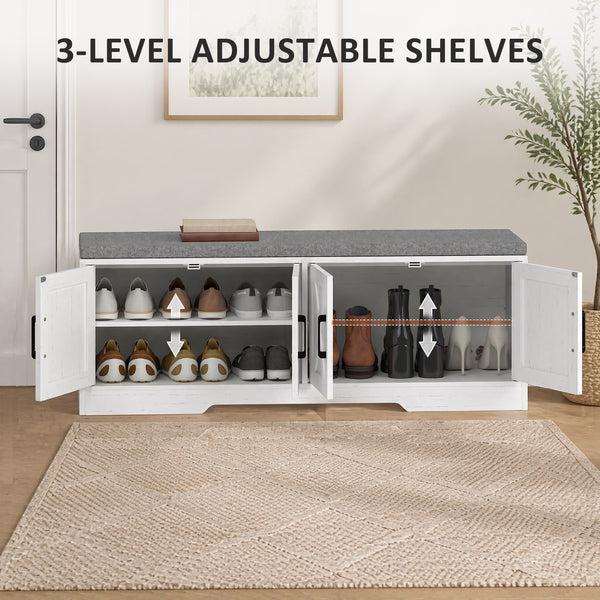 Shoe Bench with Cushion, Doors and Adjustable Shelves for Entryway, White