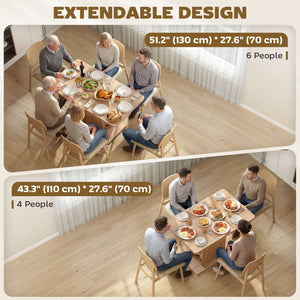 Extendable dining table for 4 to 6 people with 6 open shelves, in natural wood.