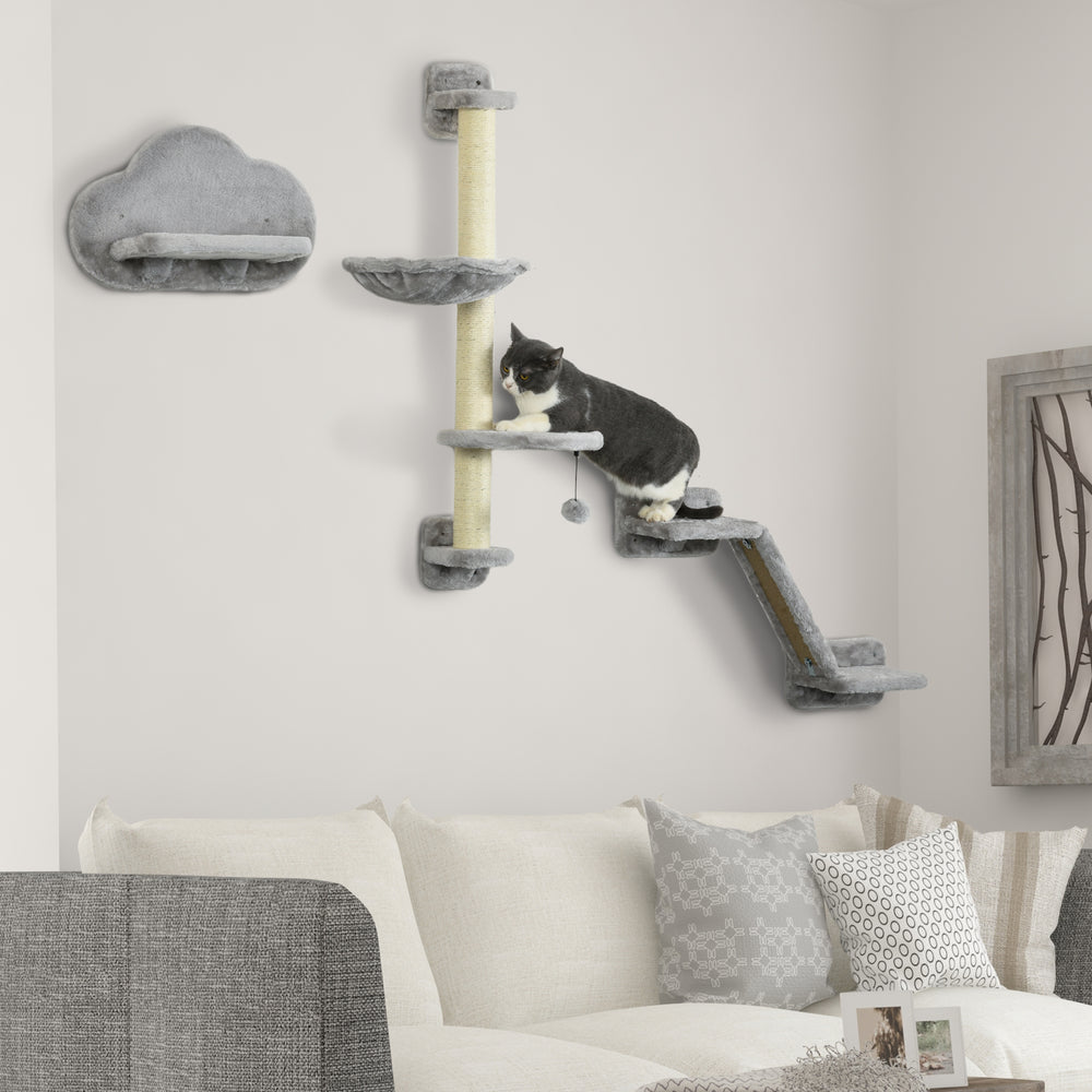 Cat shelves with hammock, scratching post and platforms, grey