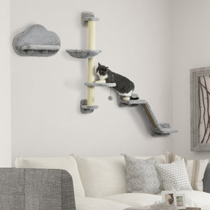 Cat shelves with hammock, scratching post and platforms, grey