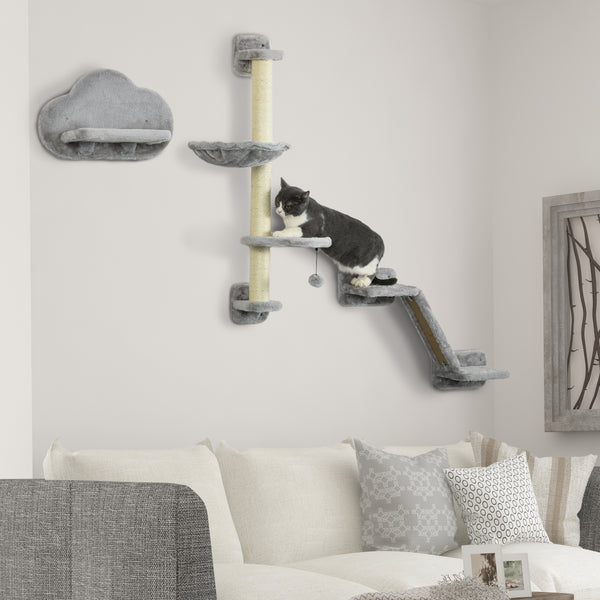 Cat shelves with hammock, scratching post and platforms, grey