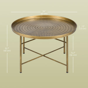 Vintage round coffee table with hammered top and metal frame, Gold