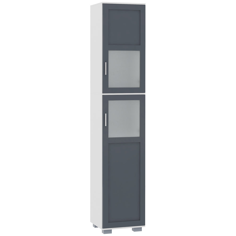 Bathroom storage cabinet with frosted glass doors and 5-tier shelves, white and gray