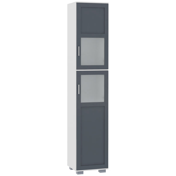 Bathroom storage cabinet with frosted glass doors and 5-tier shelves, white and gray