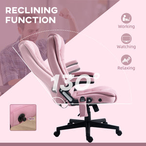Reclining massage office chair with high back and swivel casters, pink