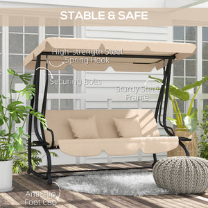 3-seater outdoor swing, convertible into a flat bed with adjustable shade, removable cushions, cup holder, light brown