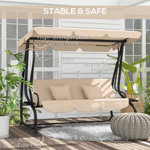 3-seater outdoor swing, convertible into a flat bed with adjustable shade, removable cushions, cup holder, light brown