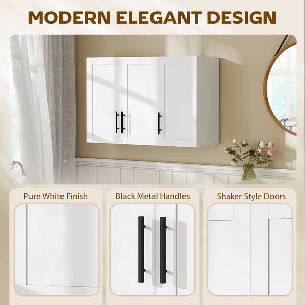 35 in. Bathroom Wall Cabinet with 3 Doors and Adjustable Shelf, White