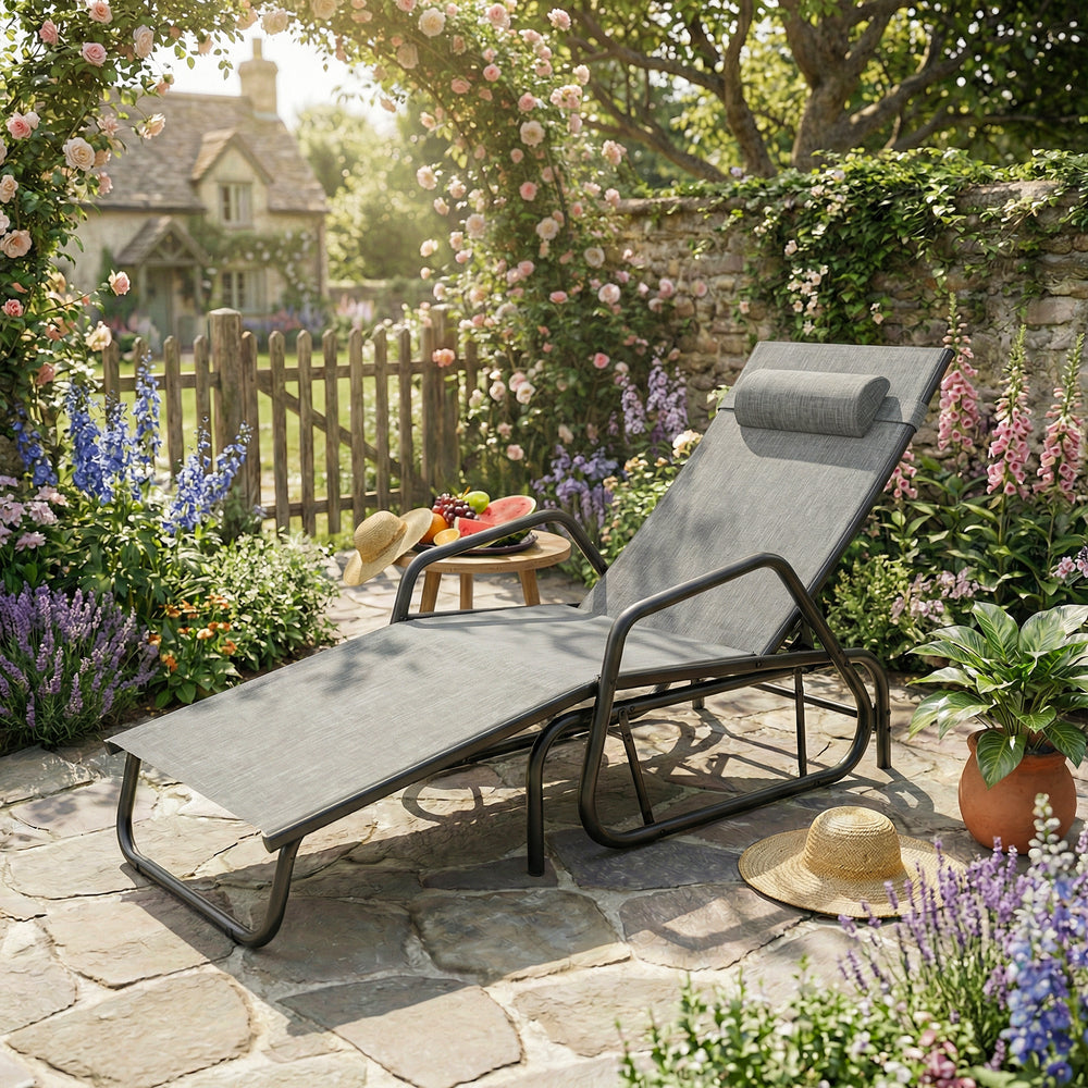 Sliding garden armchair, reclinable and adjustable in 3 positions with headrest, grey.