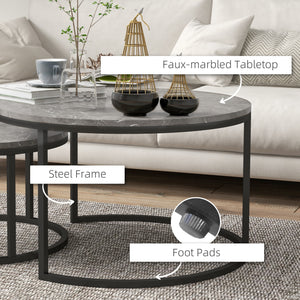 Set of 2 modern coffee tables with metal base, gray marble effect