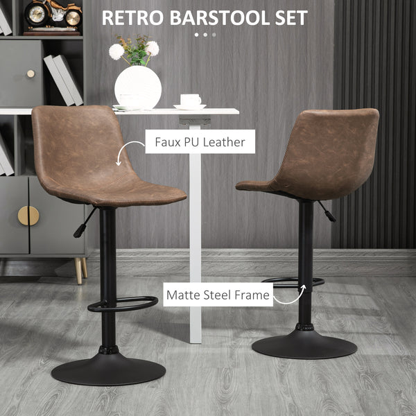 Set of 2 vintage brown leather bar stools