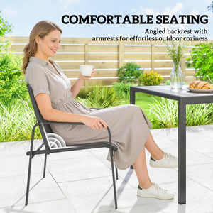 Outdoor dining set for 6 people, faux wood patio table and chairs with breathable mesh seats, galvanized steel frame, black 