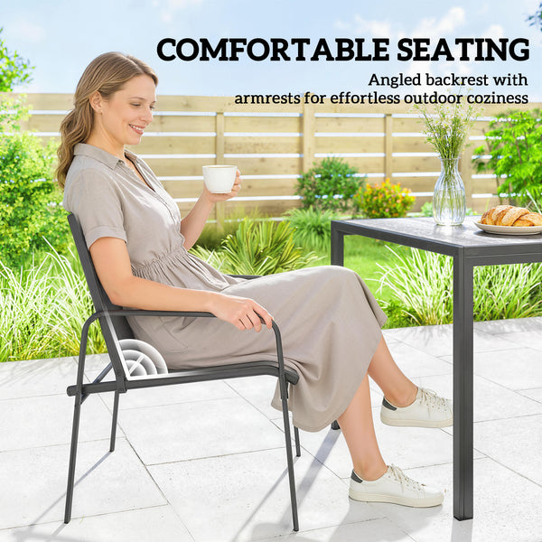 Outdoor dining set for 6 people, faux wood patio table and chairs with breathable mesh seats, galvanized steel frame, black 