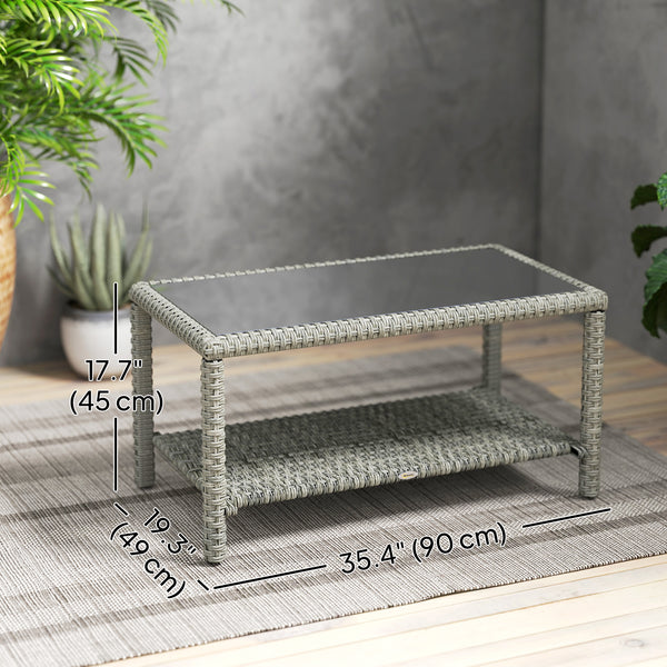 Outdoor coffee table in woven resin with glass top and storage shelf, grey