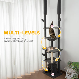 Cat tree 226-254 cm, ceiling height with scratching posts, grooming brush and niche, gray