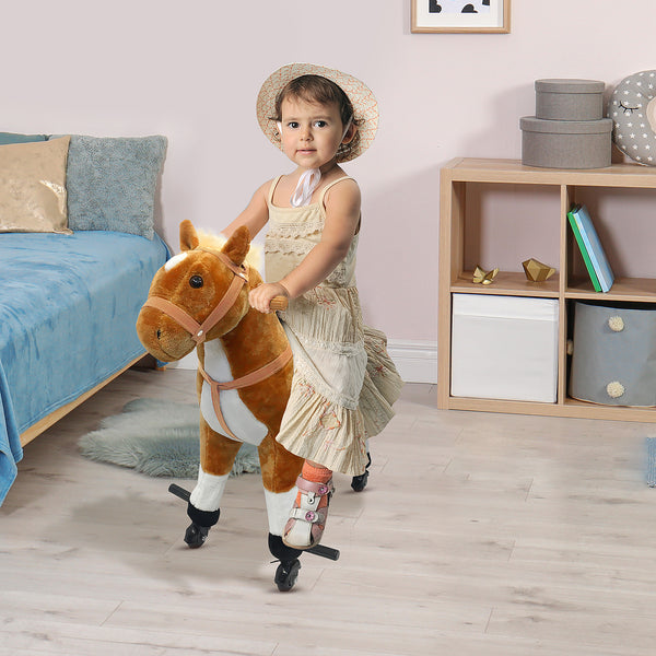 Rocking horse with sounds and wheels, brown