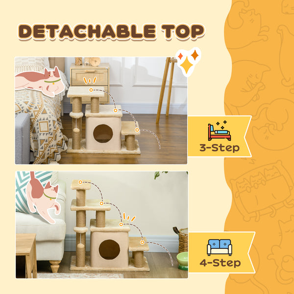 Cat stairs with scratching posts and ball toy, beige
