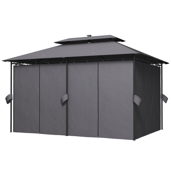 10' x 13' Outdoor Gazebo with Curtains and Solar Powered LED Lights, Double Roof Patio Shelter