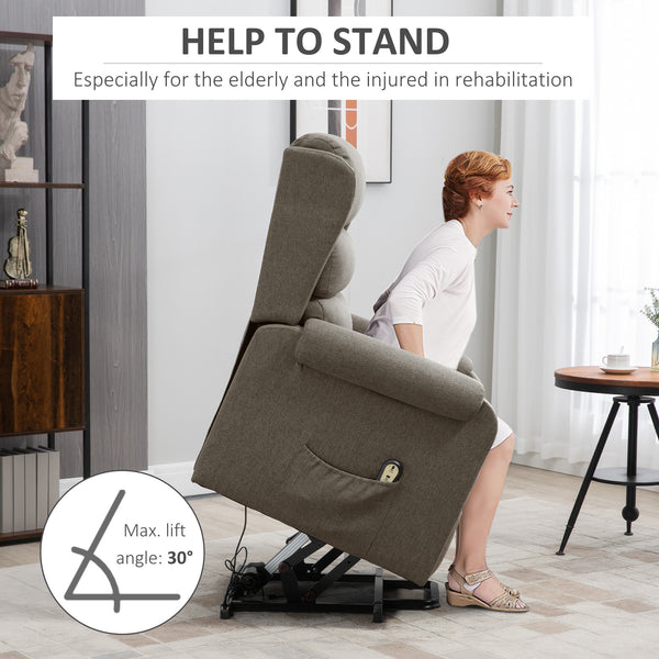Lift chair for the elderly with footrest and side pockets, brown