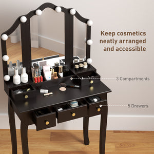 Dressing table with stool, 10 LED lights, 5 drawers and 3 compartments, black