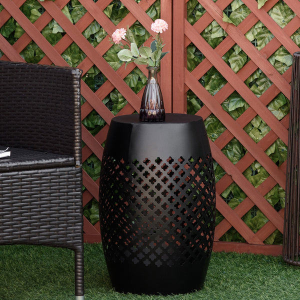 12.5" Steel Patio End Table, Round Hollow Drum Side Table, Accent Table for Indoor and Outdoor, Black