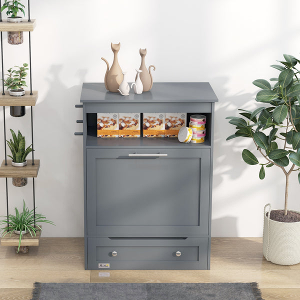 Grey food storage cabinet with elevated bowls