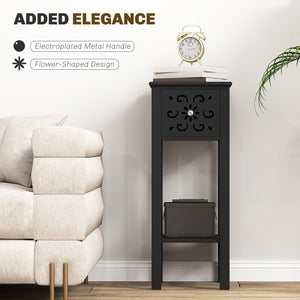 Set of 2 side tables with drawer and open storage shelf, black