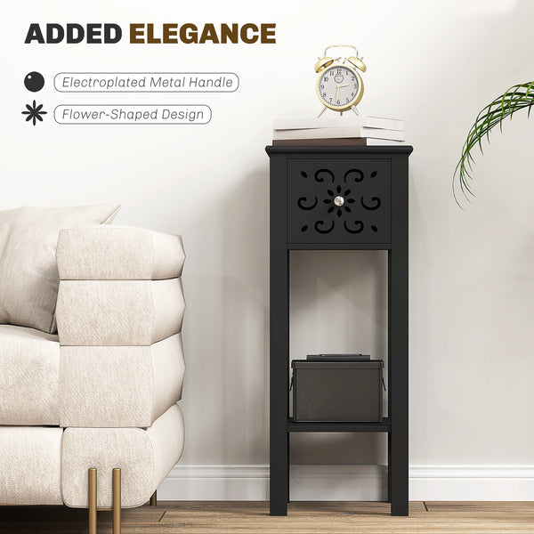 Set of 2 side tables with drawer and open storage shelf, black