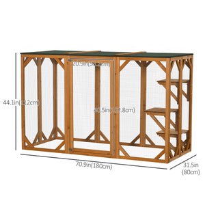 Outdoor cat enclosure with waterproof roof, multi-level platforms and lock